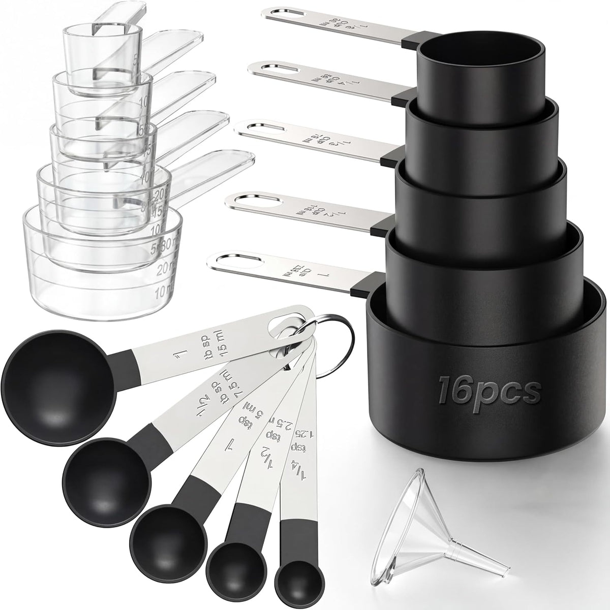 16PCS Measuring Cups and Spoons Set, Measuring Spoon Set with Metric and US Measurements, Fits for Measuring Dry and Liquid - Black
