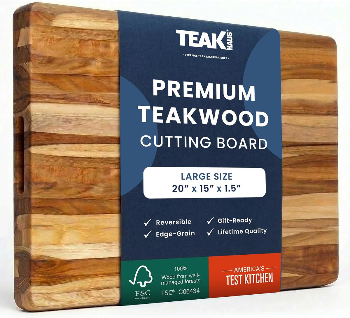 Teakhaus Edge-Grain Teak Wood Cutting Board with Grip Handles, Extra Large