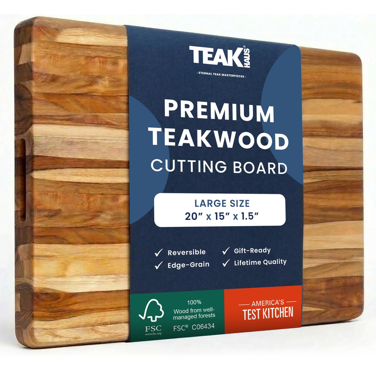 Teakhaus Edge-Grain Teak Wood Cutting Board with Grip Handles, Extra Large