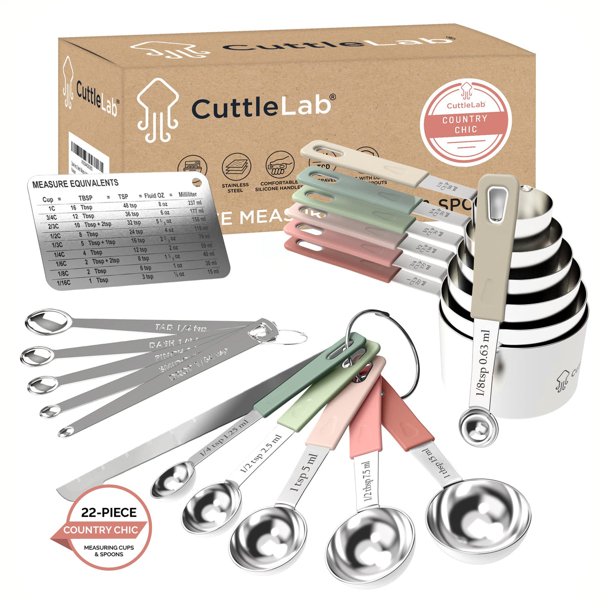CuttleLab 22-Piece Stainless Steel Measuring Cups and Spoons Set, Tad Dash Pinch Smidgen Drop Mini Measuring Spoons, Measuring Stick Leveler, Measurement Conversion Chart Fridge Magnet, (Charcoal)