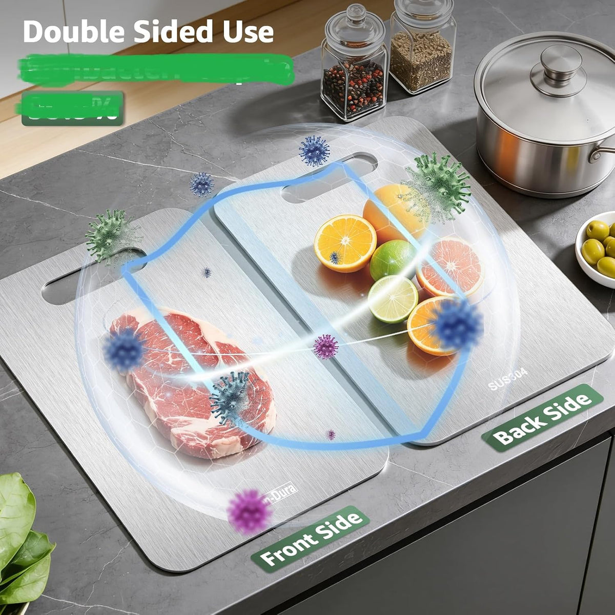 Stron-Dura Small Stainless Steel Cutting Board for Kitchen, 11.5" x 8" Food Safe Metal Chopping Board, Dishwasher Safe, Double Sided Odorless, Cutting Board for Meat Veggies Camping