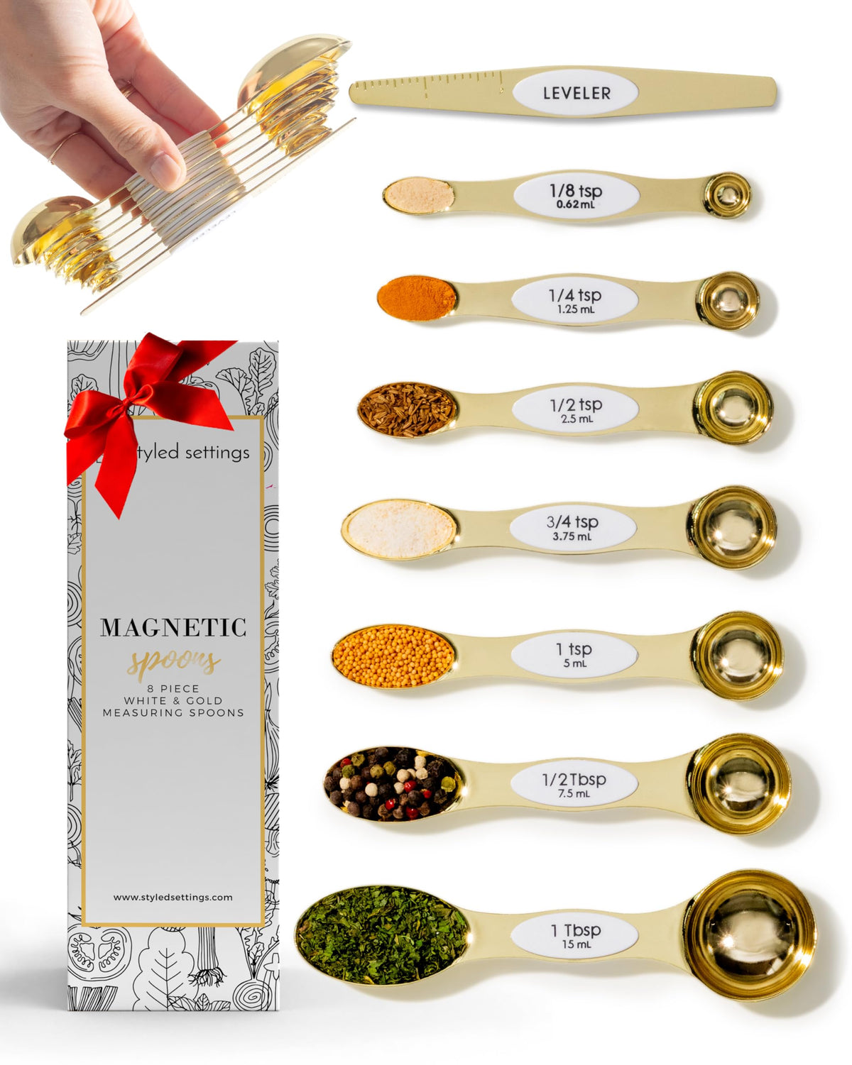 Styled Settings Stainless Steel Magnetic Measuring Spoons Set with Leveler