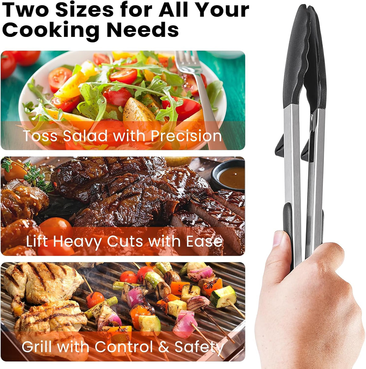Kitchen Cooking Tongs Set, 9" & 12", Black, 2 Pack