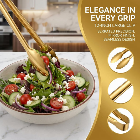 4 Pack Serving Tongs 12 Inch Salad Tongs Buffet Tongs Stainless Steel Food Tong Serving Utensils for Buffet Wedding Party Catering (12 Inch, Gold)