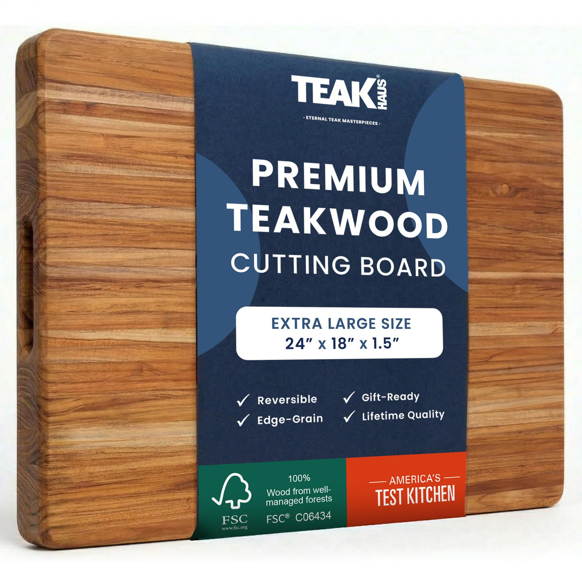 Teakhaus Edge-Grain Teak Wood Cutting Board with Grip Handles, Extra Large