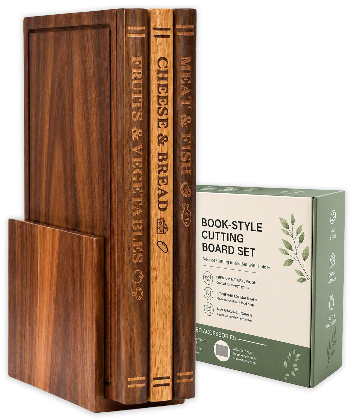 Book Cutting Board Set, Kitchen Cutting Boards, 3 Labeled Boards with Stand