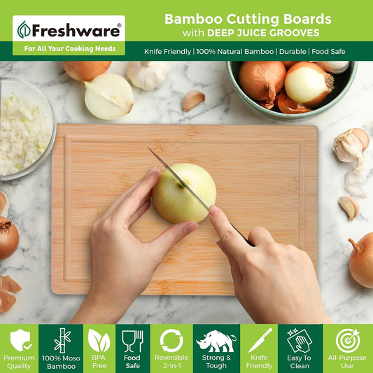 Freshware Freshware Bamboo Cutting Boards for Kitchen with Juice Groove [Set of 2] Wood Cutting Board for Chopping Meat, Vegetables, Fruits, Cheese, Knife Friendly Serving Tray with Handles