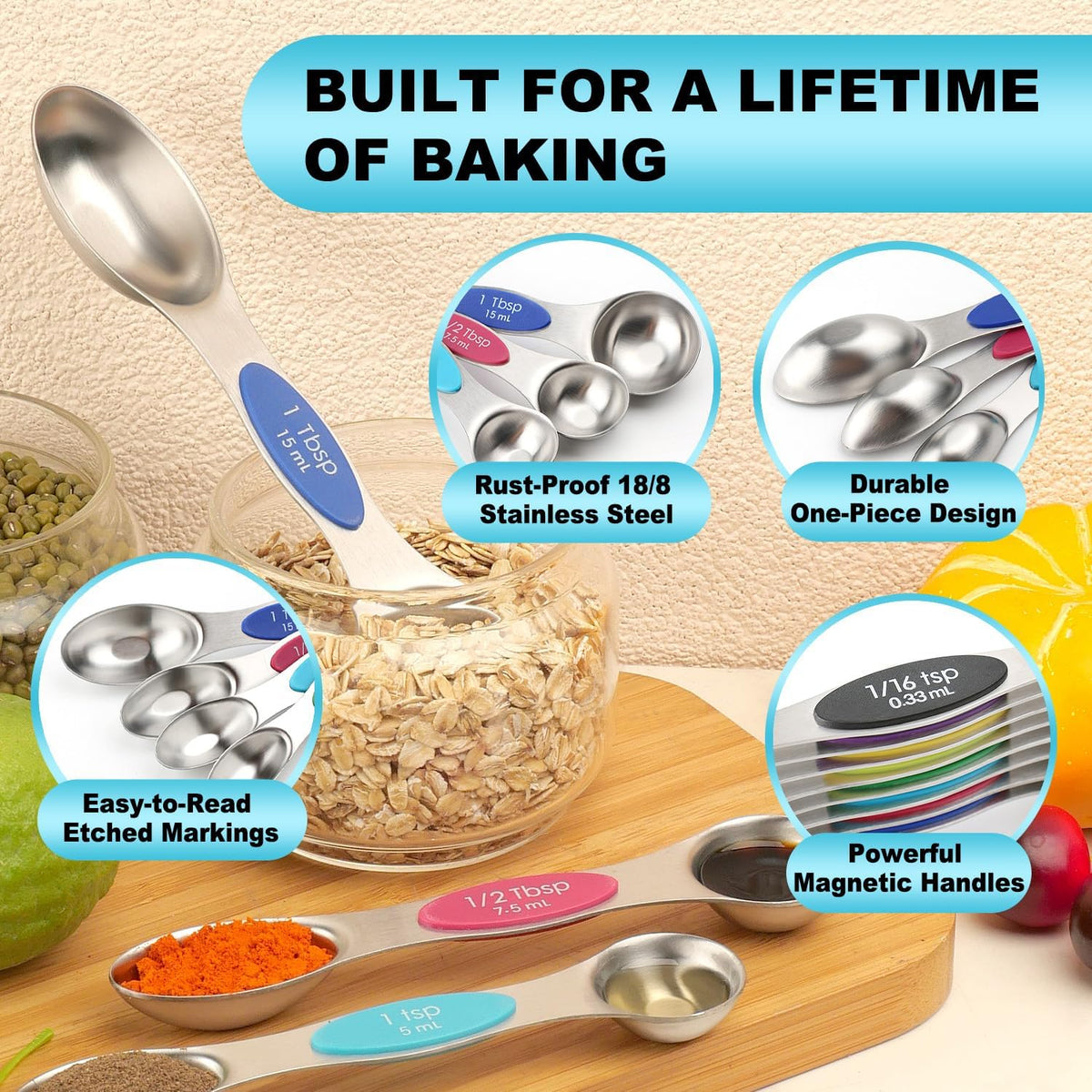 Magnetic Measuring Spoons Set of 9 with Leveler, Color-Coded Dual Sided Stainless Steel Measuring Spoon Set, Stackable Teaspoon and Tablespoon Set for Baking, Cooking, Kitchen Gadgets Dishwasher Safe