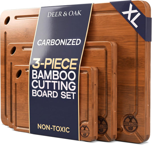Deer & Oak 3-Piece Bamboo Cutting Board Carbonized Set, Pre-Oiled