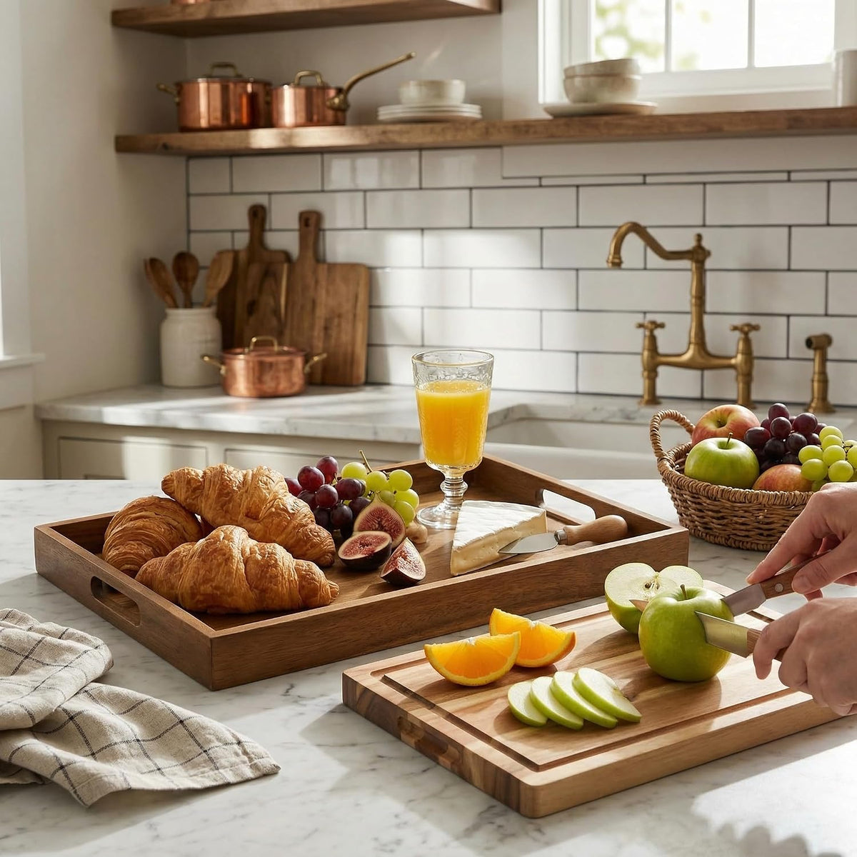 Acacia Wood Cutting Board with Juice Groove & Teak-Look Serving Tray Set