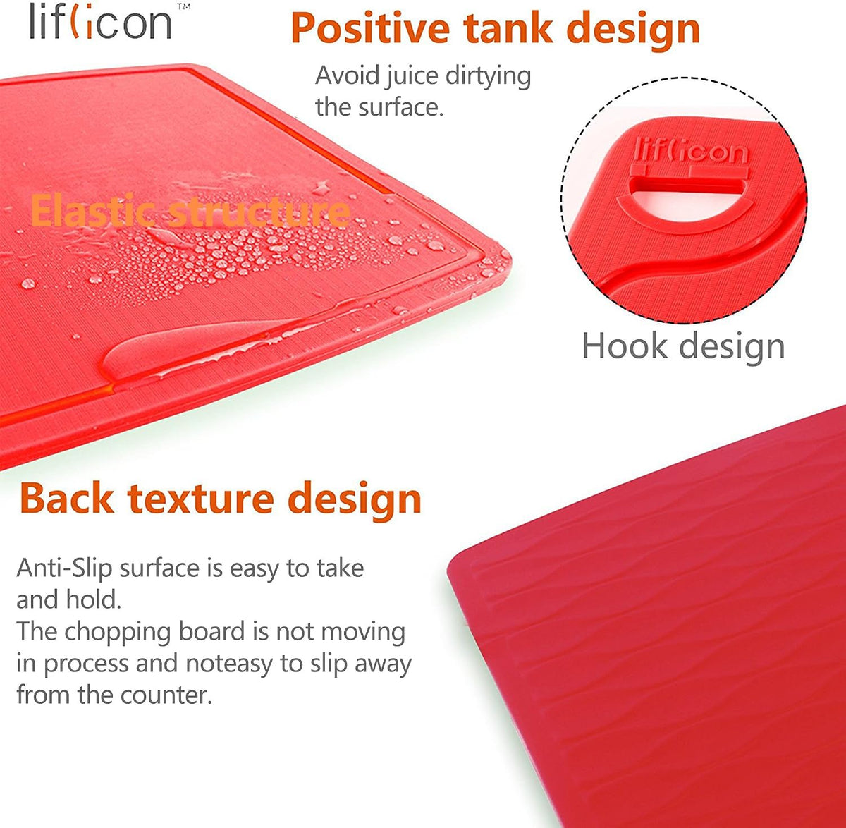 Liflicon Thick Silicone Cutting Board 12.6'' x 9.1'' Juice Grooves Easy Grip Handle Dishwasher Safe-Red