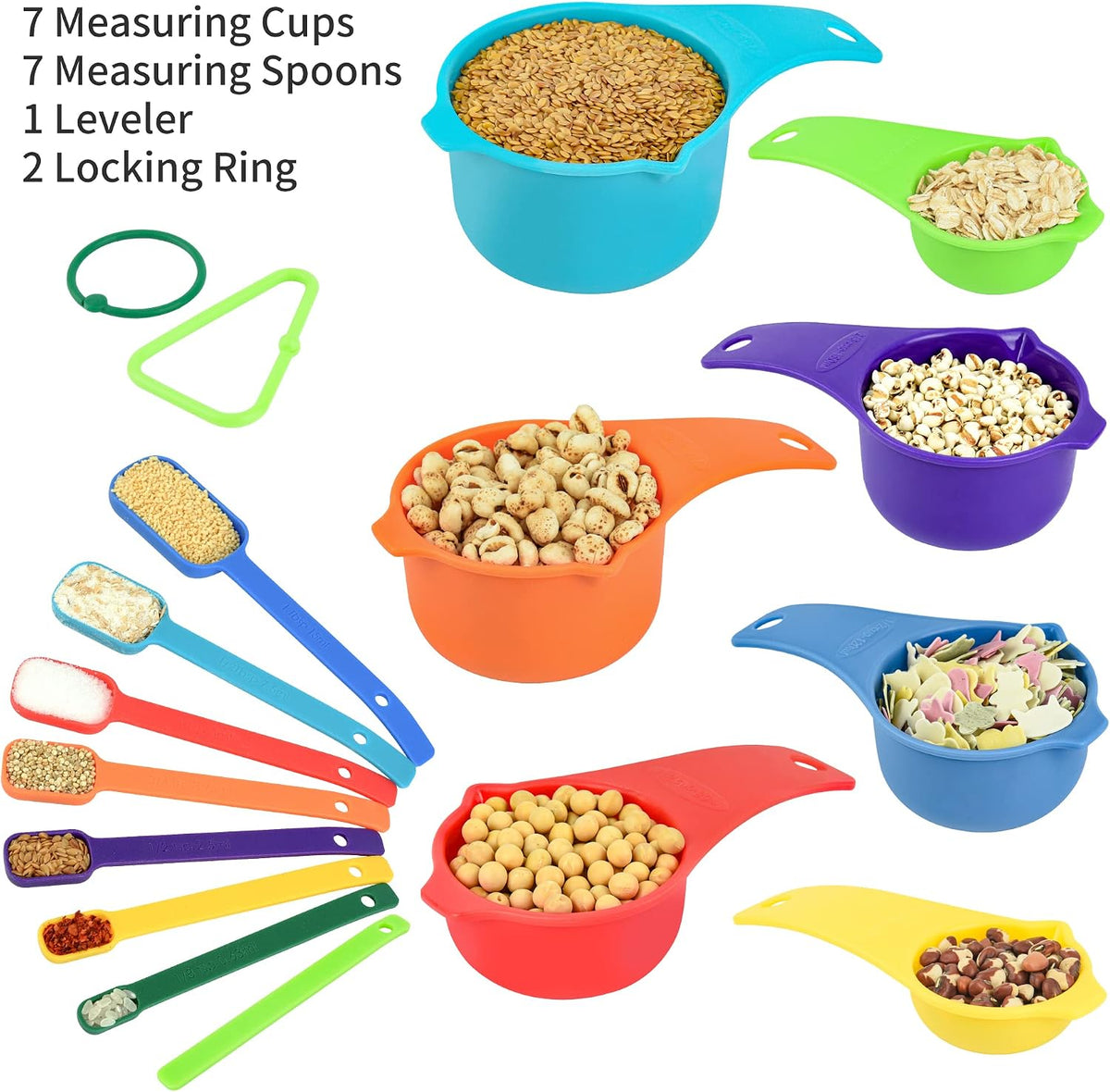 Measuring Cups and Spoons Set, Plastic Measuring Cup Set 15, Mixing Color Dry Measure Cups Spoons, 7 Measuring Cups & 7 Spoons, Kitchen Measure Cup Spoons for Cooking & Baking