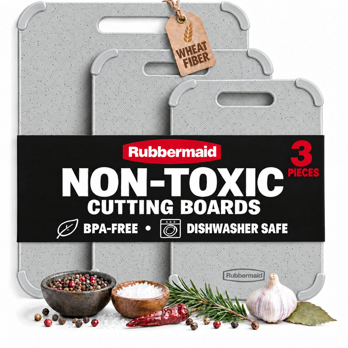 Rubbermaid 3pc Reversible Wheat Fiber Cutting Board Set | BPA Free Non Toxic Cutting Boards for Kitchen – Dishwasher Safe, Non-Slip Corners & Lightweight | For Meat, Veggies & Fruits
