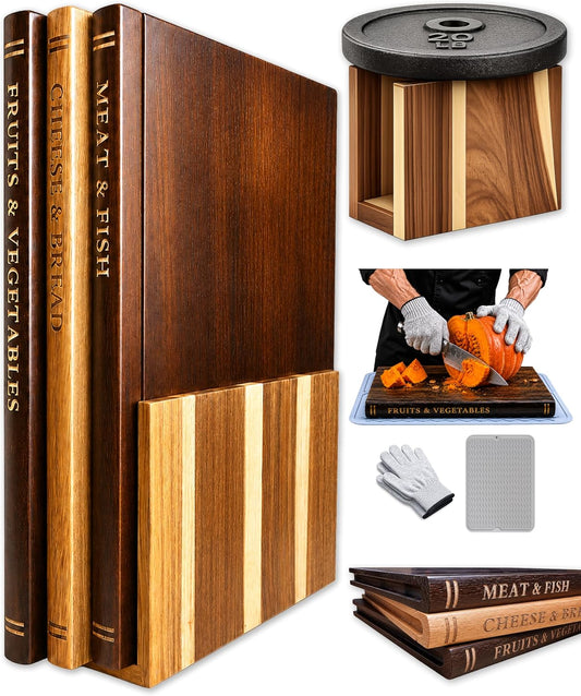 Book Cutting Board Set, Kitchen Cutting Boards, 3 Labeled Boards with Stand