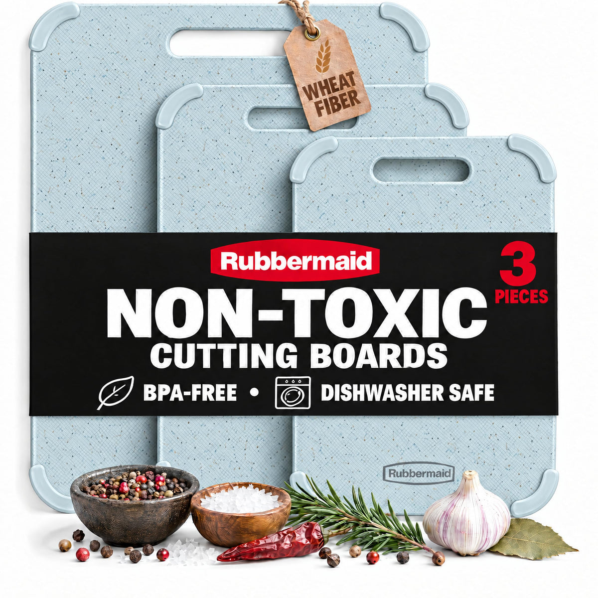 Rubbermaid 3pc Reversible Wheat Fiber Cutting Board Set | BPA Free Non Toxic Cutting Boards for Kitchen – Dishwasher Safe, Non-Slip Corners & Lightweight | For Meat, Veggies & Fruits