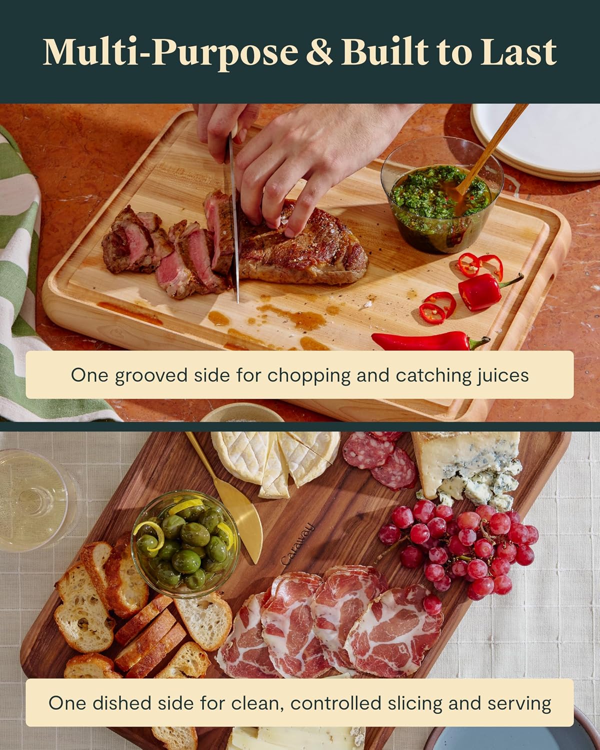 Caraway 12" Prep and Serve Butcher Block, Wood Cutting Board for Kitchen