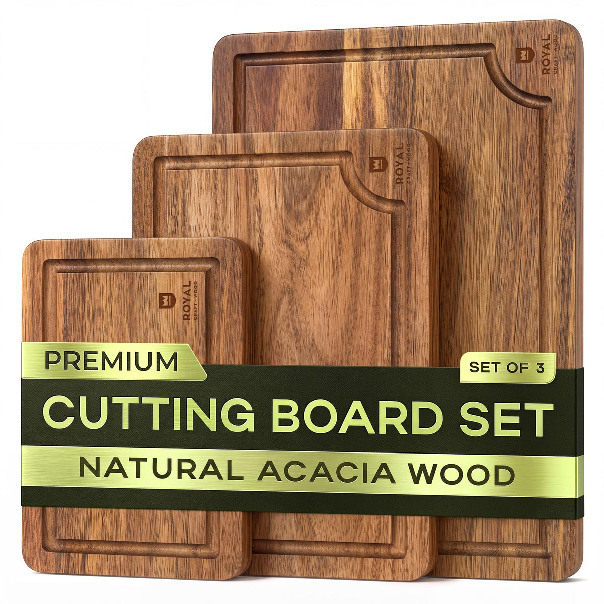 ROYAL CRAFT WOOD Wooden Cutting Boards for Kitchen Appliances - Non Toxic Bamboo Wood Cutting Board Set with Deep Juice Groove, Side Handles, Charcuterie & Butcher Block for Meat, Meal Prep & Serving