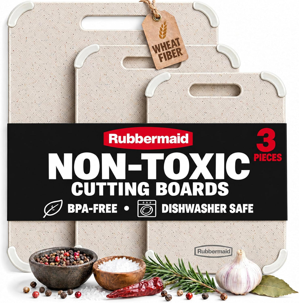 Rubbermaid 3pc Reversible Wheat Fiber Cutting Board Set | BPA Free Non Toxic Cutting Boards for Kitchen – Dishwasher Safe, Non-Slip Corners & Lightweight | For Meat, Veggies & Fruits