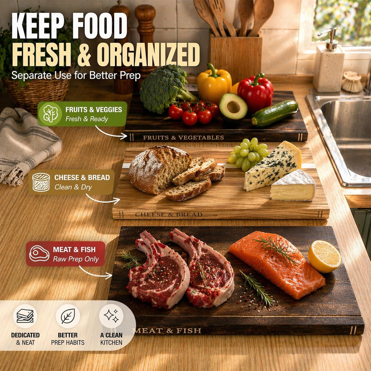 Book Cutting Board Set, Kitchen Cutting Boards, 3 Labeled Boards with Stand